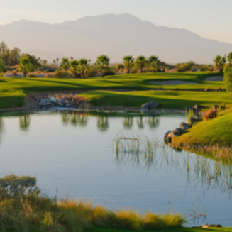 A lush golf course under a blue sky with palm trees lining the fairway at Eagle Falls Golf Course in Indio, California.