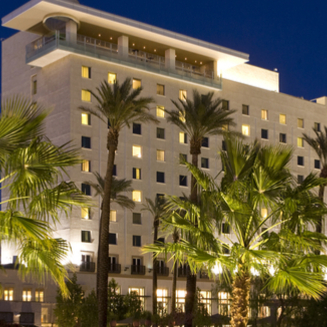 Night view of Fantasy Springs Resort Casino. The building is brightly lit with palm trees in front and a clear, starry sky above.
