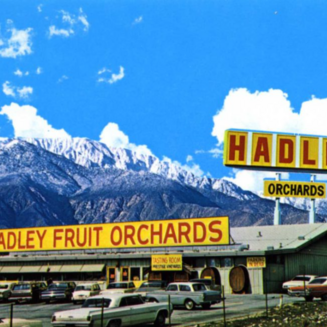 An exterior view of Hadley's Fruit Orchards in Cabazon with palm trees and mountains in the background.